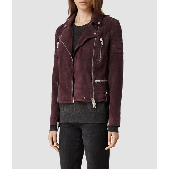 All Saints Jackets & Blazers - AllSaints Varley Huxley Goat Suede Leather Biker Jacket Burgundy Size US 0